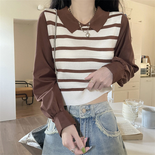 Designer Style Niche Splicing False Two-Piece Women's Autumn Striped Knit Top Women's Long-Sleeve Hooded Short-Sleeve Top