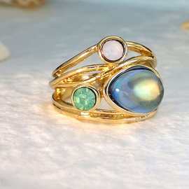 蓝菁 镀24k黄金镶嵌七彩月光石戒指欧美女士创意多层仿真贝壳指环