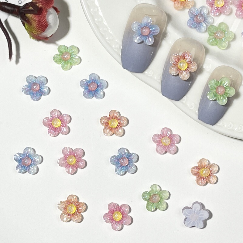 Internet Celebrity Five-Petal Flower Nail Art Jewelry Gradient Color Fine Glitter Printed Flower Resin DIY Accessories Hairpin Nail Decoration