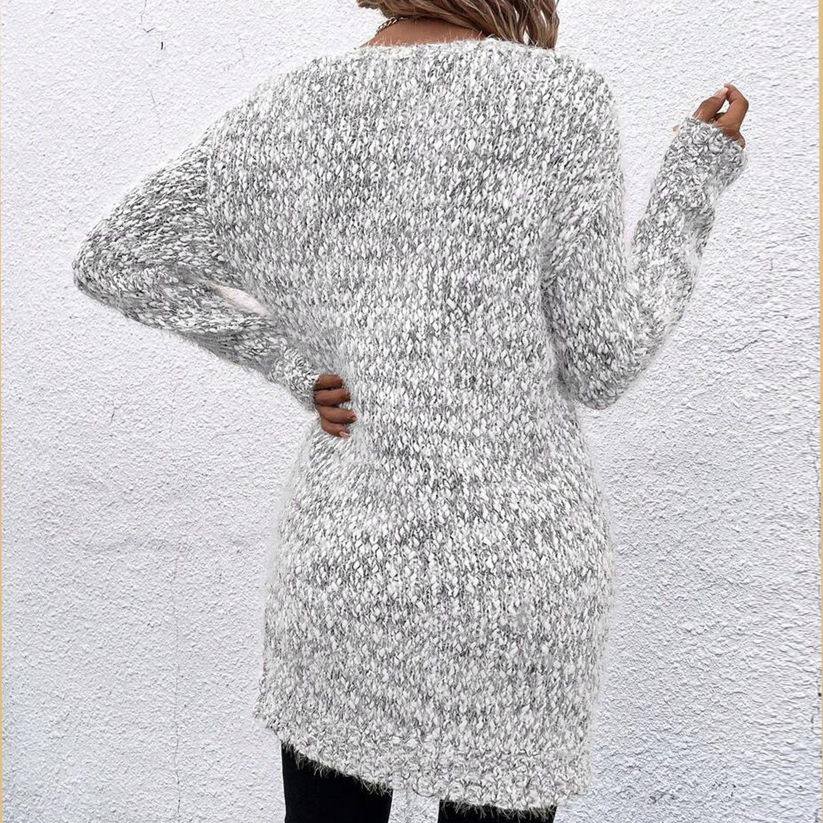European and American style mid-length knitted cardigan for women in autumn and winter loose sweater coat light linen gray versatile slim long-sleeved cardigan