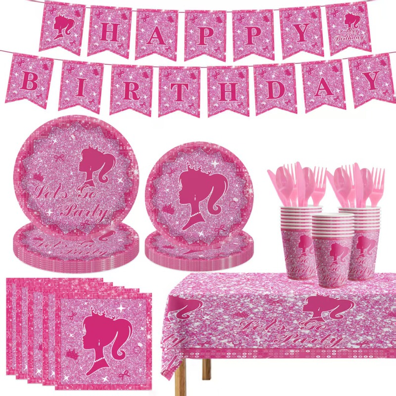 Cross-Border Pink Barbie Party Tableware Set Birthday Event Disposable Paper Plate Tablecloth Theme Party Tableware