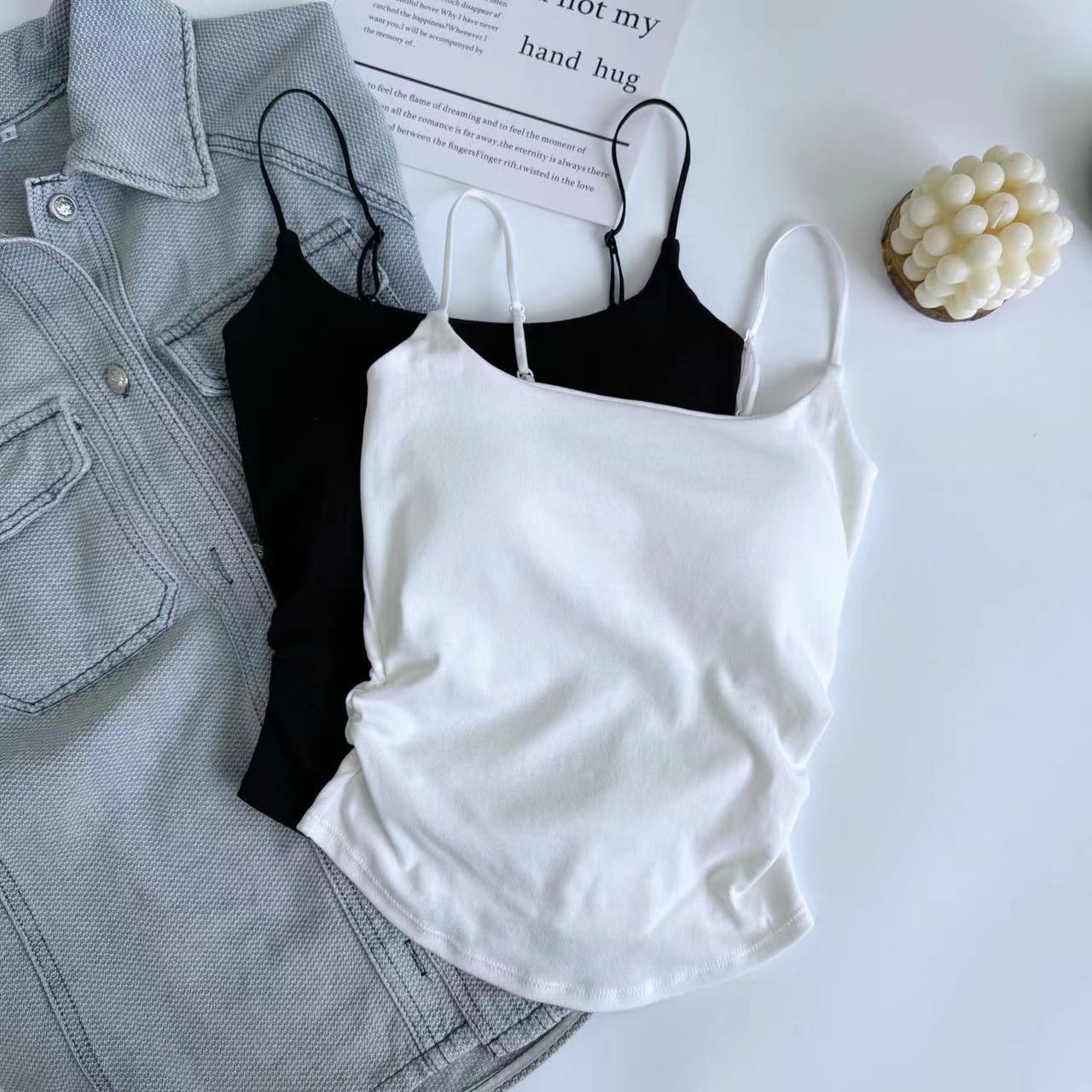 140g Weight Cotton Spandex Fabric Type Regular Top Length Camisole Tops Type Holiday, Daily Occasion Strap Neckline Slim Fit Type Solid Color Pattern Summer Season Women's Gender Pleated Design Casual, Streetwear Style Wholesale Women's Casual Streetwear Solid Color Pleated Tank Tops 3