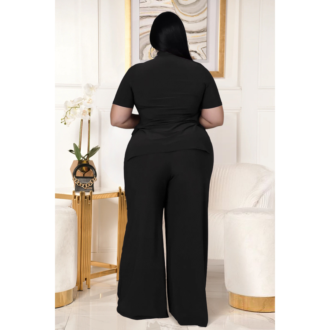 plus size solid color straps short sleeve top wide-leg pants two-piece set NSASL128355