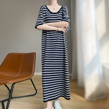 2025年春季新款天丝莱赛尔圆领针织连衣裙短袖设计感条纹长款裙子