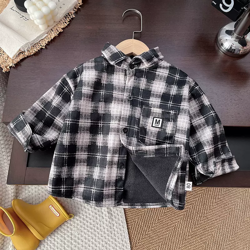 男童加绒字母衬衫秋冬款2024新款儿童冬季加厚外套百搭格子衬衣