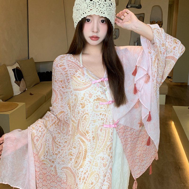 女性用夏の日焼け止め薄いショール、カラフルなストライプのボタン付きエスニックスタイルの旅行着用シルクスカーフ、海辺のビーチガーゼスカーフ|undefined