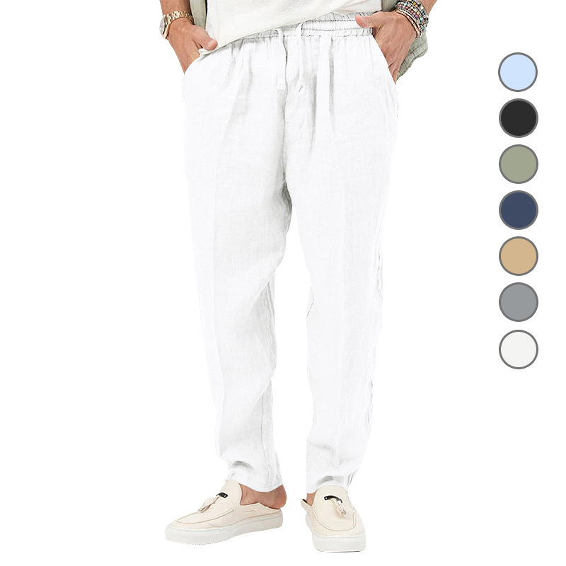 2024 Summer New Thin Men's Fashion Large Solid Casual Drawstring Cotton Hemp Pants_voghion.com