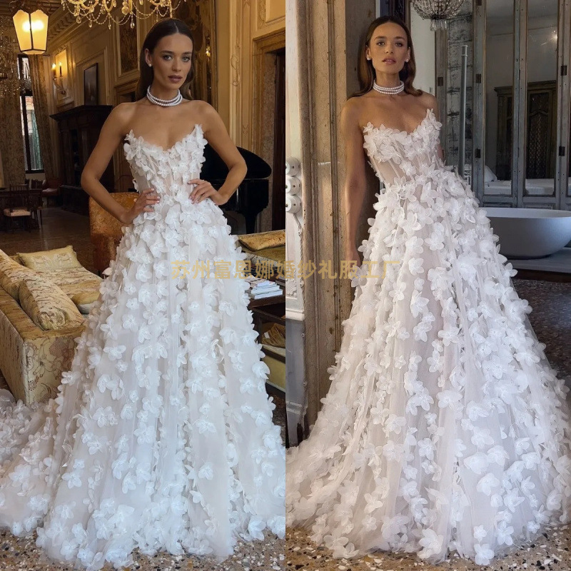 Three-dimensional Flower Lace Bohemian A- line Dress Wedding Dress V-Neck Strap Tight Waist Skinny Light Wedding Dress