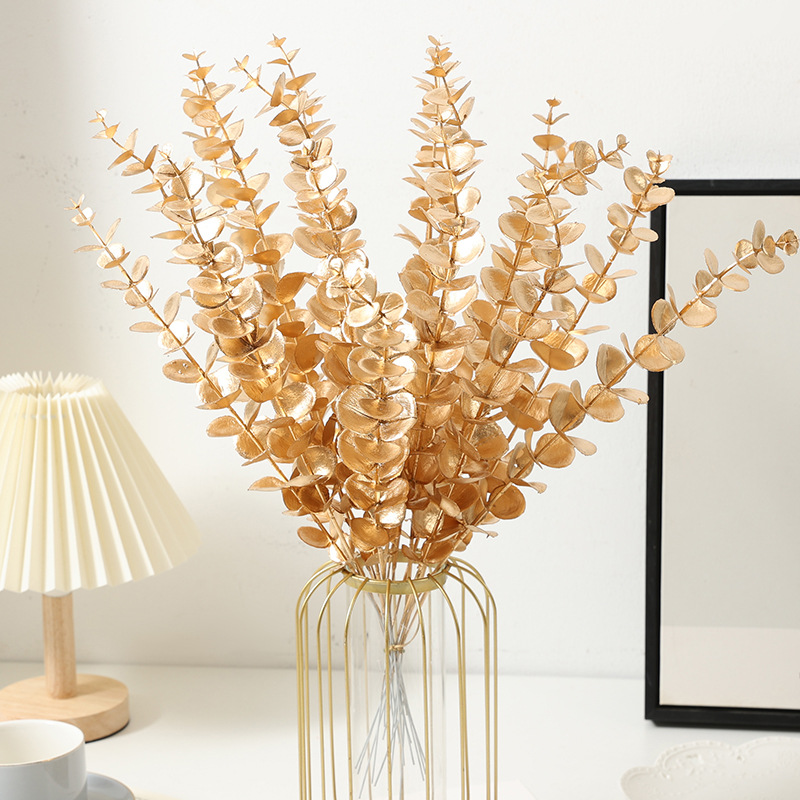金色尤加利叶仿真花家居插花装饰商场布置年宵花金色仿真花材批发