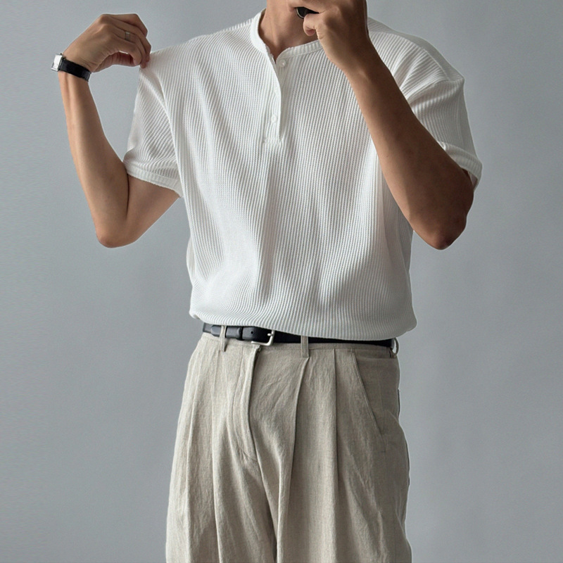 American Waffle Henley T-Shirt Men's Textured Loose Versatile Short-Sleeved Half-Button Placket Collar Polo Shirt American Waffle Henley T-Shirt Men's Textured Loose Versatile Short-Sleeved Half-Button Placket Collar Polo Shirt