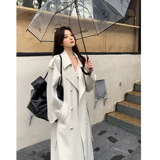 白色中长款风衣外套女2026春秋季小个子英伦风收腰垂感大衣高级感