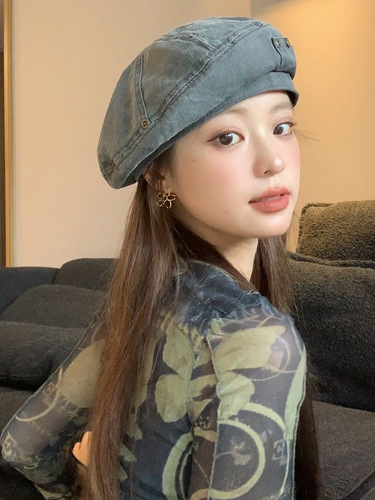 Women's Vintage Denim Beret, Washed Distressed Thin Artist Hat, Large Headsize, Versatile, Fashionable, Forward Hat, Highlights Face