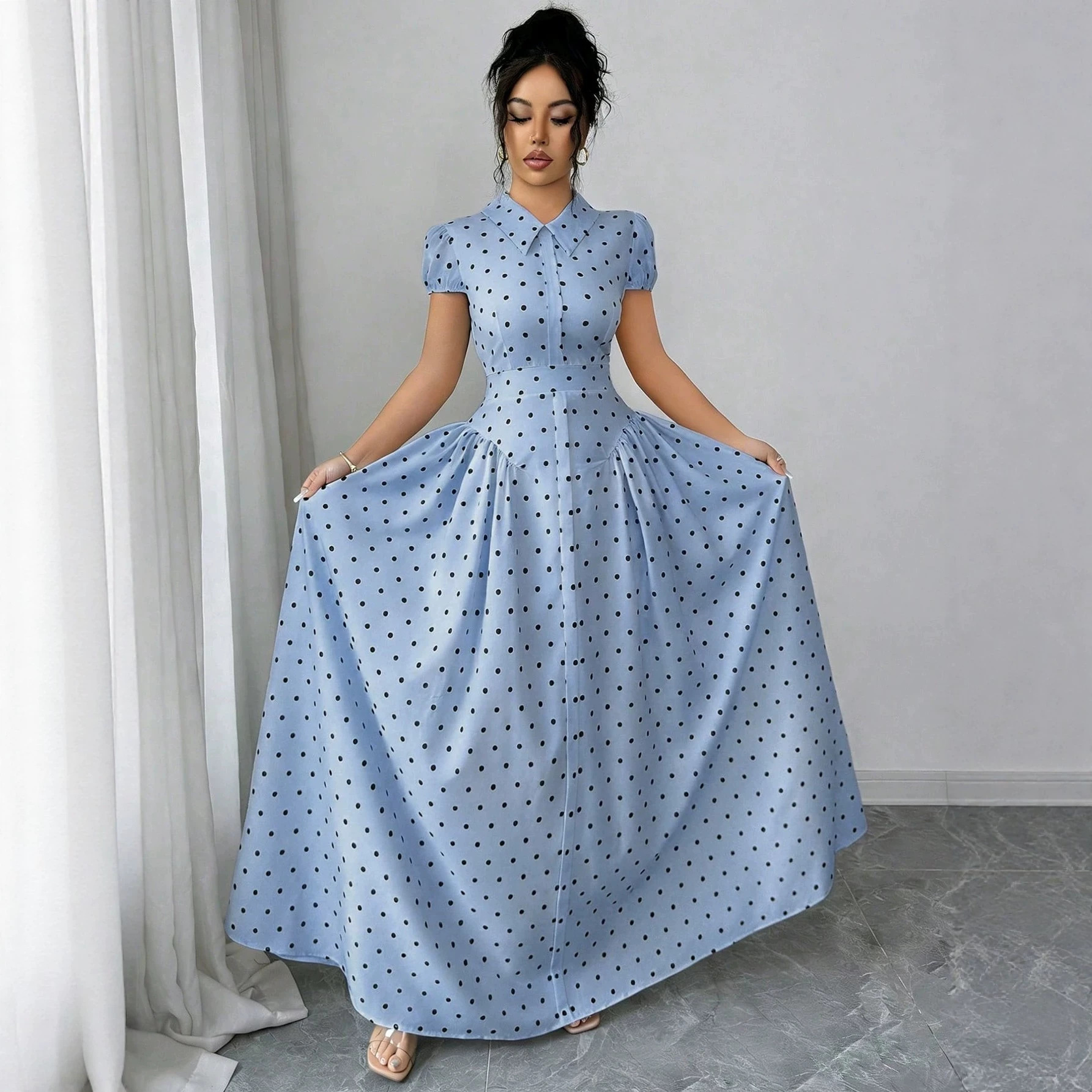 New Women's Polka Dot Dress Short Sleeve Summer Style French Retro Slimming Elegant Long Dress For Youthful Fashion_ecoleips.com