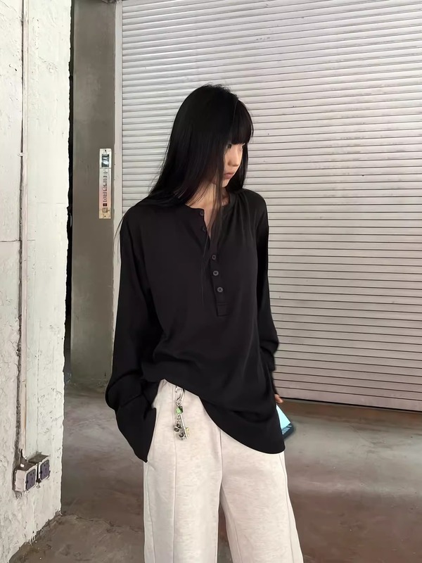 美式亨利领纯色长袖t恤垂感丝滑柔软舒适宽松休闲通勤春秋打底衫|undefined