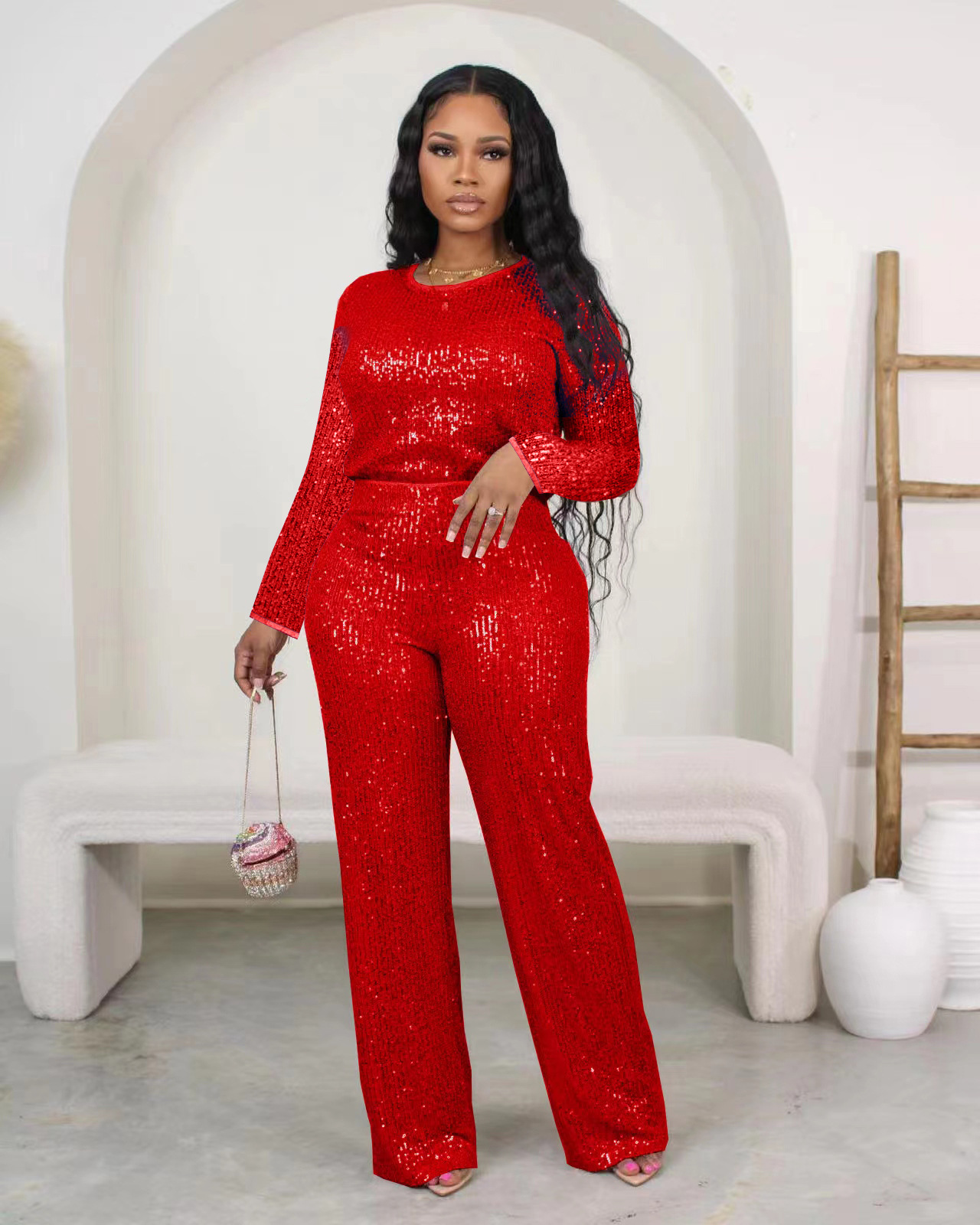 Women's Clothing new sequined solid color long sleeved trousers two piece set_voghion.com