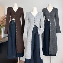 显瘦毛衣开衫秋冬新款针织高级修身上衣气质法式复古过膝外套长款