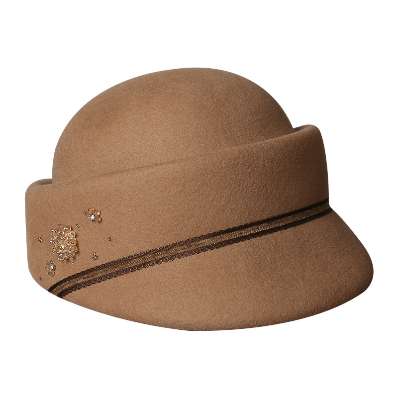 Mũ beret nữ kiểu Hepburn Pháp len đen họa tiết hoa mùa thu đông — cơm trộn