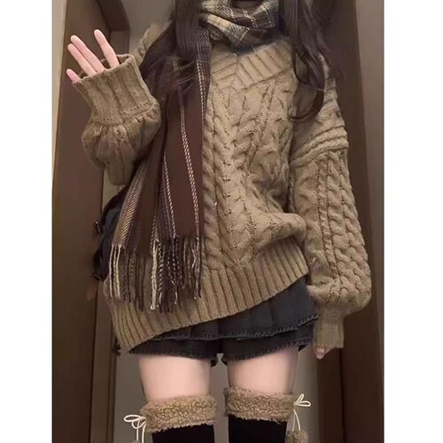 Lazy Style Retro V-Neck Crochet Lantern Sleeve Hooded Cardigan Women's Autumn/Winter New Loose Thick Knitted Top