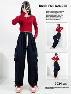 Korean-style Stretch Cotton Long-sleeved Hollow Top for Jazz Dance Performance Washed Cotton Casual Large Pocket Overalls suit