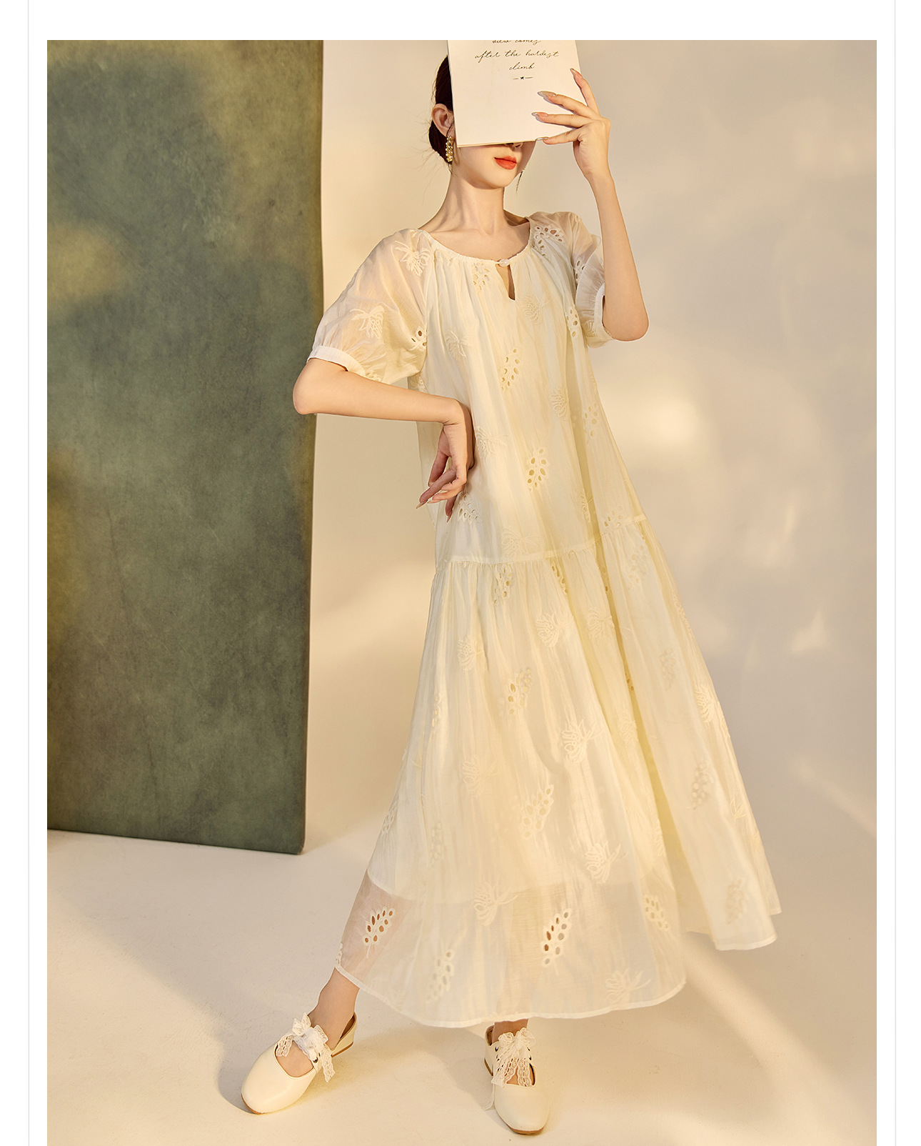 Váy suông midi Tencel phong cách Trung Quốc mới tay ngắn cổ tròn — Màu trắng be chi tiết 13