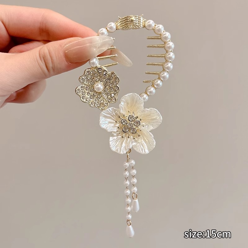 Nuevo estilo chino mariposa botón de cabello para mujeres de alta calidad flores de perla clips de cola de caballo lujoso clips de agarre de cabeza posterior falda de caballo adornamiento para el cabello