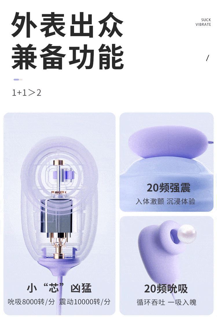 Sucking and Vibrating Egg Set with Wired Remote, Silicone and ABS, Purple — detail image 3