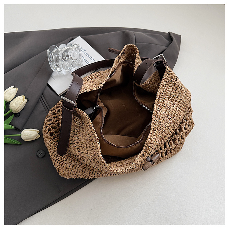 2025 New summer French laid-back seaside vacation bag, niche straw woven bag, hand-woven women's bag, large capacity undefined