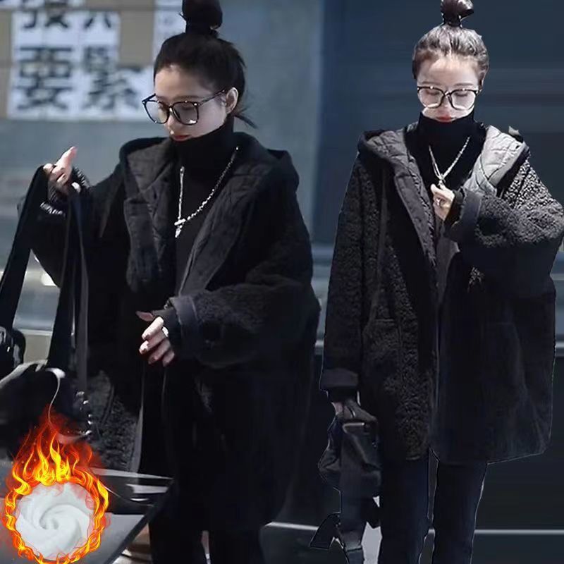 Quilted Thickened Winter Fur Jacket for Women New Korean Style Loose Lamb Wool Jacket Cotton Hooded Top