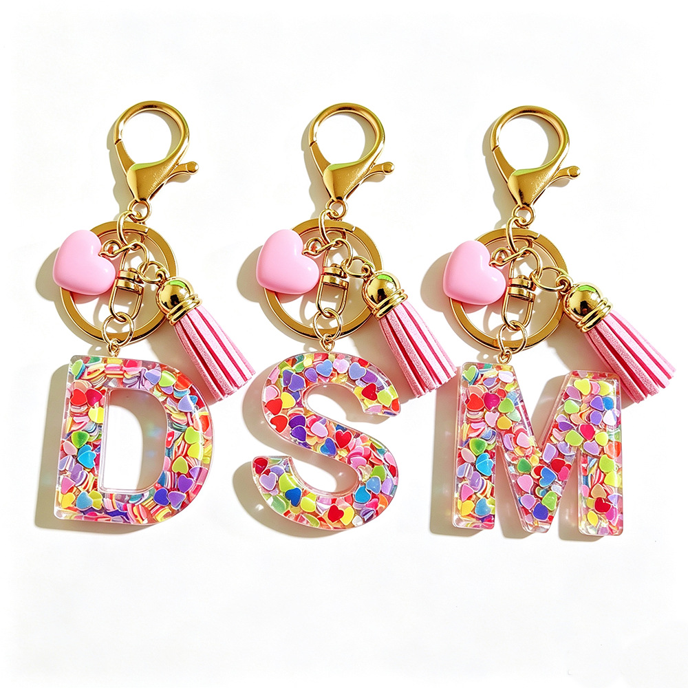 Cross-Border Hot-Selling Pink Resin Sequin Letter Keychain, Heart-Shaped Tassel Bag Pendant Accessory