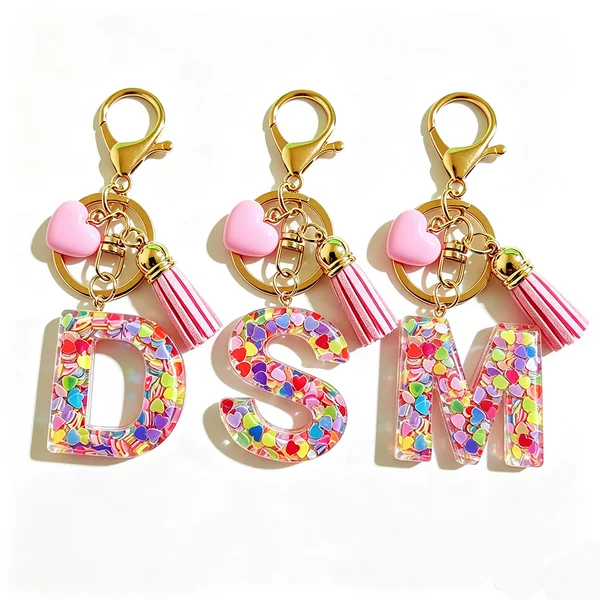 Cross-Border Hot-Selling Pink Resin Sequin Letter Keychain, Heart-Shaped Tassel Bag Pendant Accessory