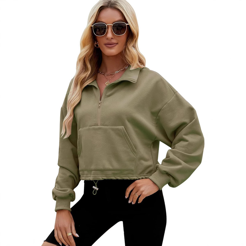 Foreign Trade Women's Extra Large Half Zip Hoodie Short 1/4 Zipper Pullover Wool Lined Sweatshirt A3