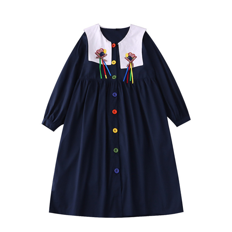 Antique Sense Ribbon Balloon Lollipop Navy Collar Loose Long Dark Blue Dress Doll Dress Shirt Dress