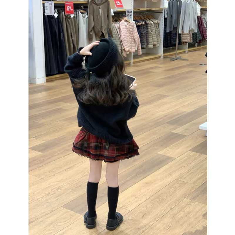 CHERRYCOCO GIRL의 중공업 GOUHUA BEAR 니트 옷깃 스웨터 기모 레이스 엣지 유료 스커트 2 피스 세트