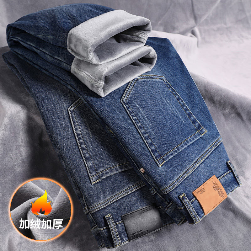 秋冬新款代发保暖加绒宽松直筒牛仔裤男弹力加厚法兰绒轻商务长裤