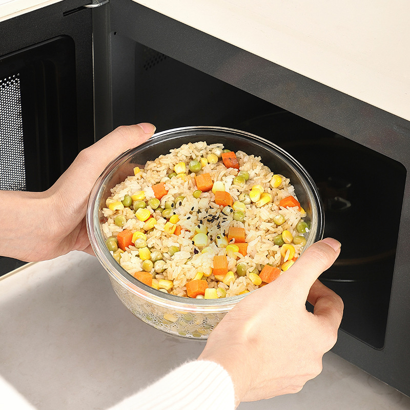 Caja de almuerzo de vidrio de borosilicato redondo trabajo horno de microondas caja de almuerzo resistente a altas temperaturas refrigerador crisper de vidrio fábrica en stock
