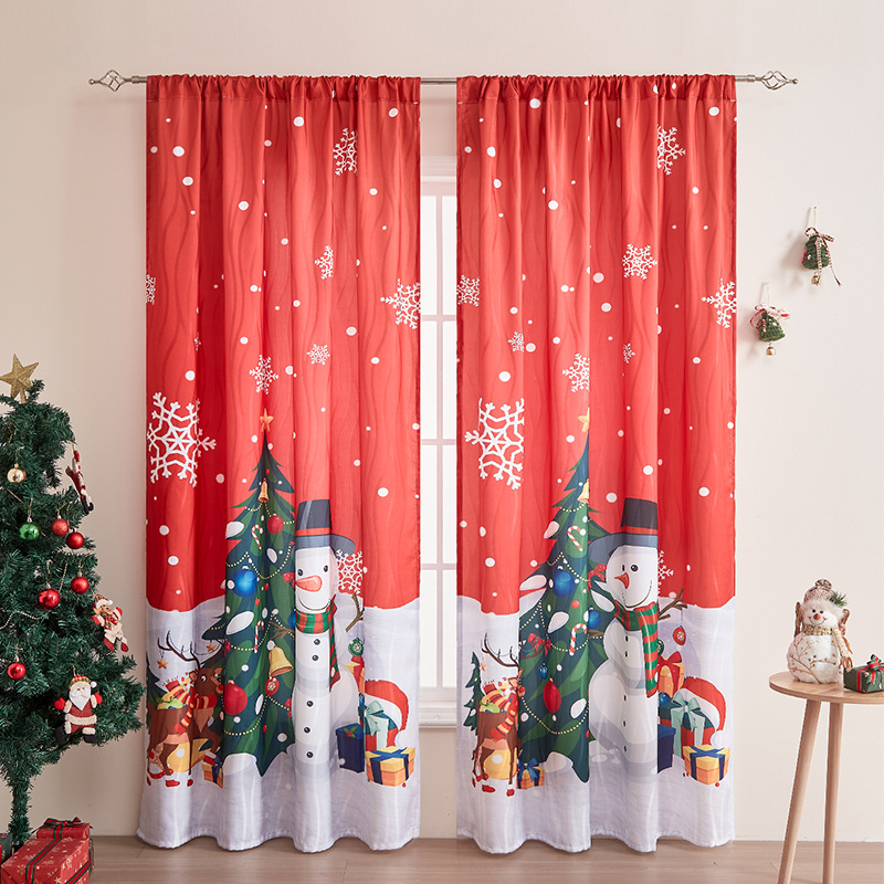 Nuove tende rettangolari decorative in tessuto oscurante con scena natalizia innevata in stile americano, colore nero._voghion.com