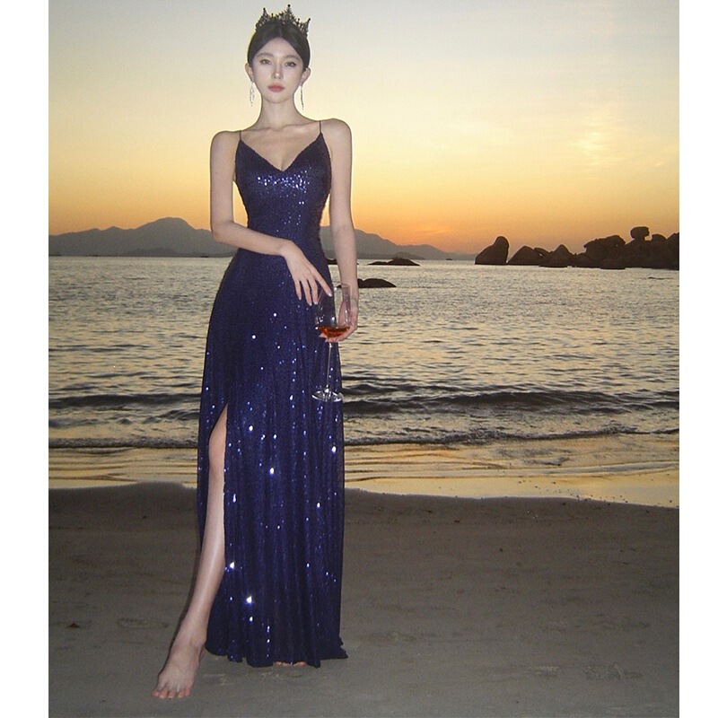 In-Stock French-Style Sexy Sequin Floor-Length Evening Gown for Women, Ultra-Long Low-Cut V-Neck Strap Dress, Birthday Party Dress