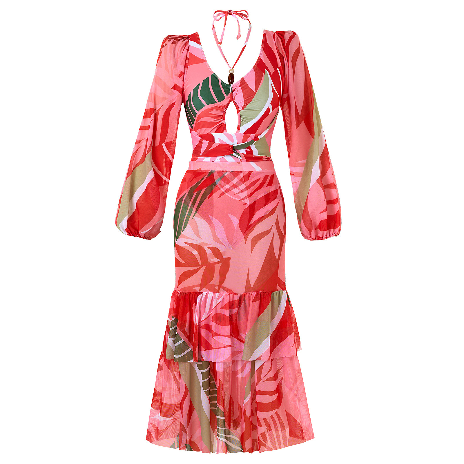 Modischer, sexy zweiteiliger Badeanzug mit bedrucktem Netzrock für Damen_voghion.com