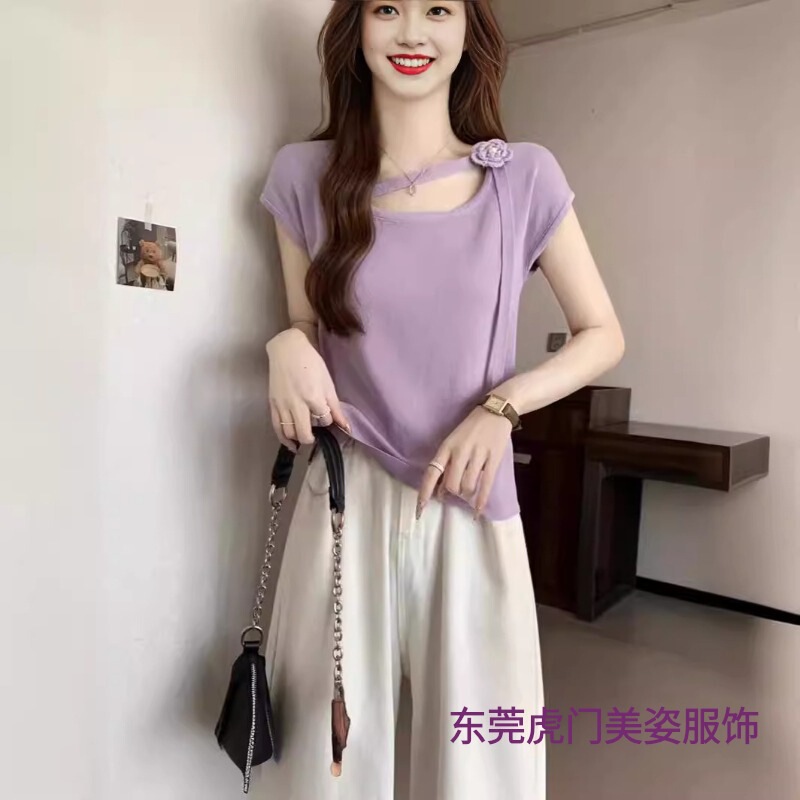 Sweet and Spicy Korean Design Slanted Tie Flower Knitwear for Women Early Spring French Right Shoulder Square Collar Small Flying Sleeves Short Style