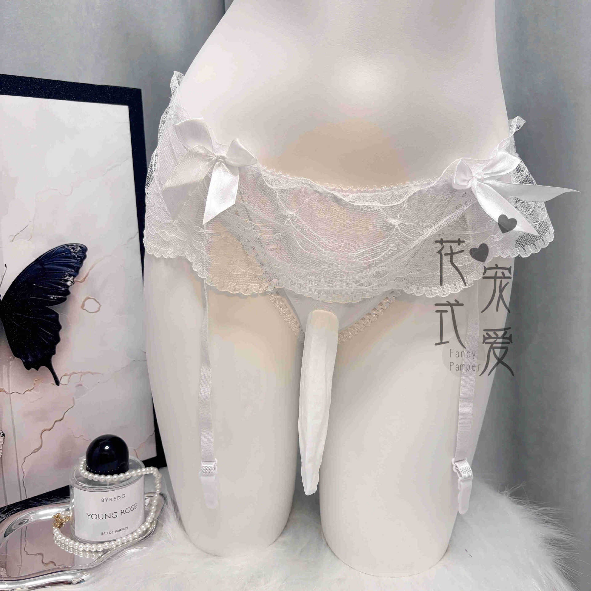 Men's Thong Lace Strap Panties Ultra-Thin Transparent Low-Rise Cross-Dressing Panties Airplane Jj Set