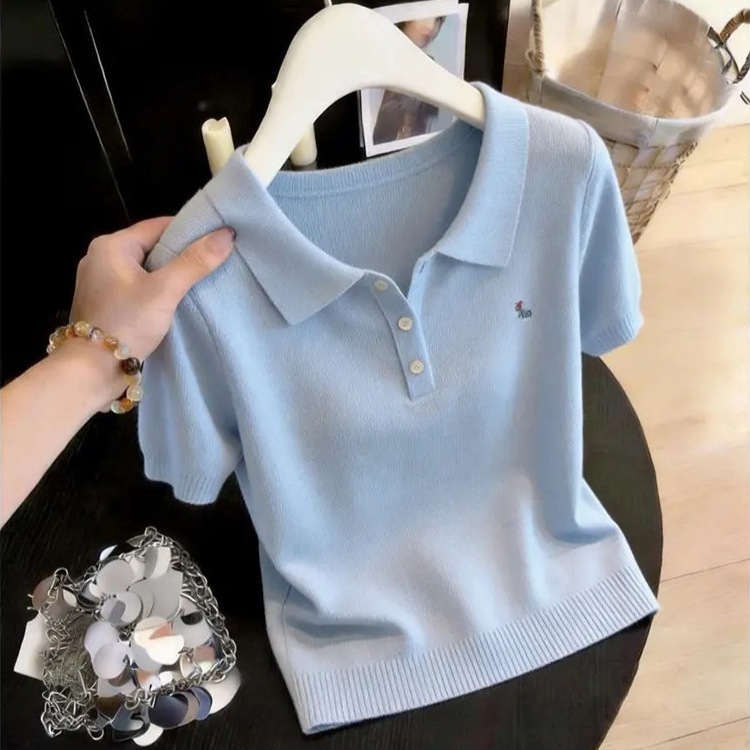 2026 Summer New Korean Style Sweet Light Blue Collared Short-Sleeve Knit Top for Women, Gentle and Soft T-Shirt Top