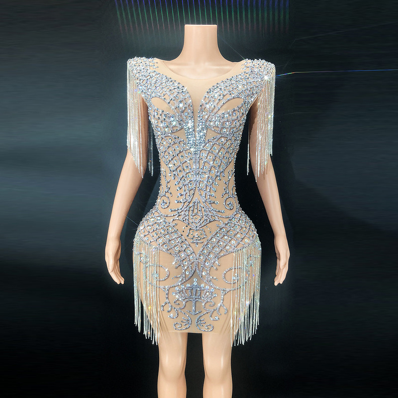 GC Birthday Costume Diamond Costumes Crystal Tassel Ball Gown Evening Dress Party Birthday Red Carpet Evening Walking