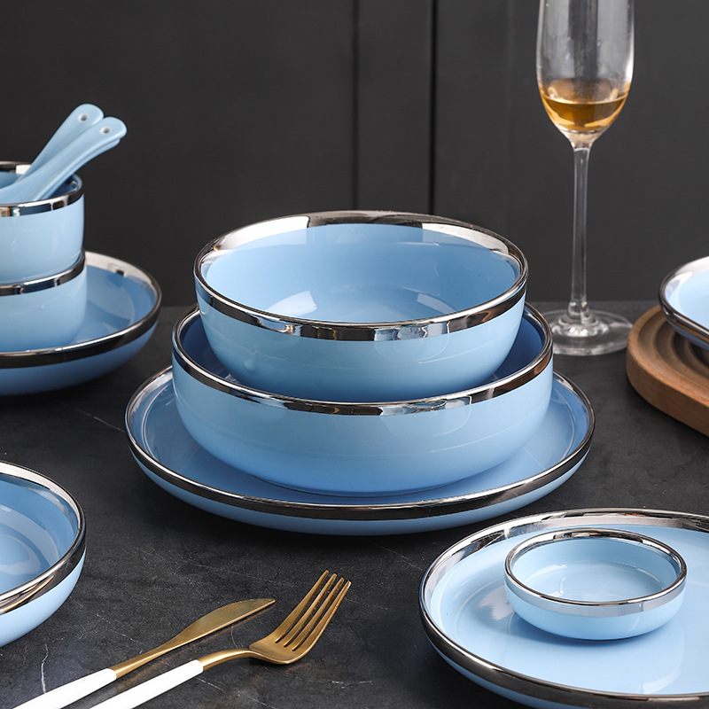Borde de plata Azul luz vajilla de cerámica de lujo Occidental plato tazón de fuente traje combinación plato de sopa tazón de arroz plato de carne