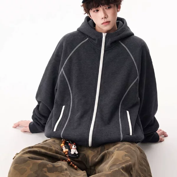 Men's autumn cardigan hoodie, stylish and cool, American streetwear brand, heavyweight sports jacket, deconstructed high-street design