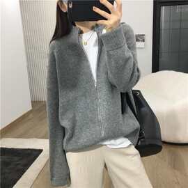 针织女士开衫重磅秋冬季新款慵懒风羊毛衫女韩版拉链立领长袖外套