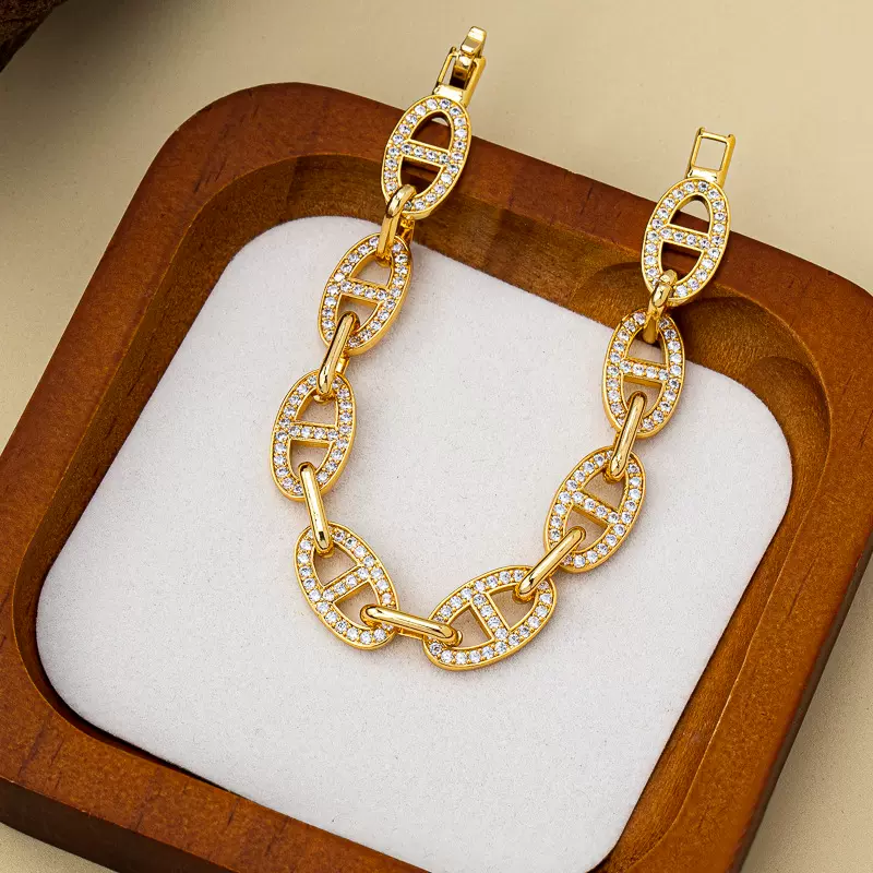 轻奢电镀真金满镶猪鼻子手链链环时尚女友潮流设计手饰