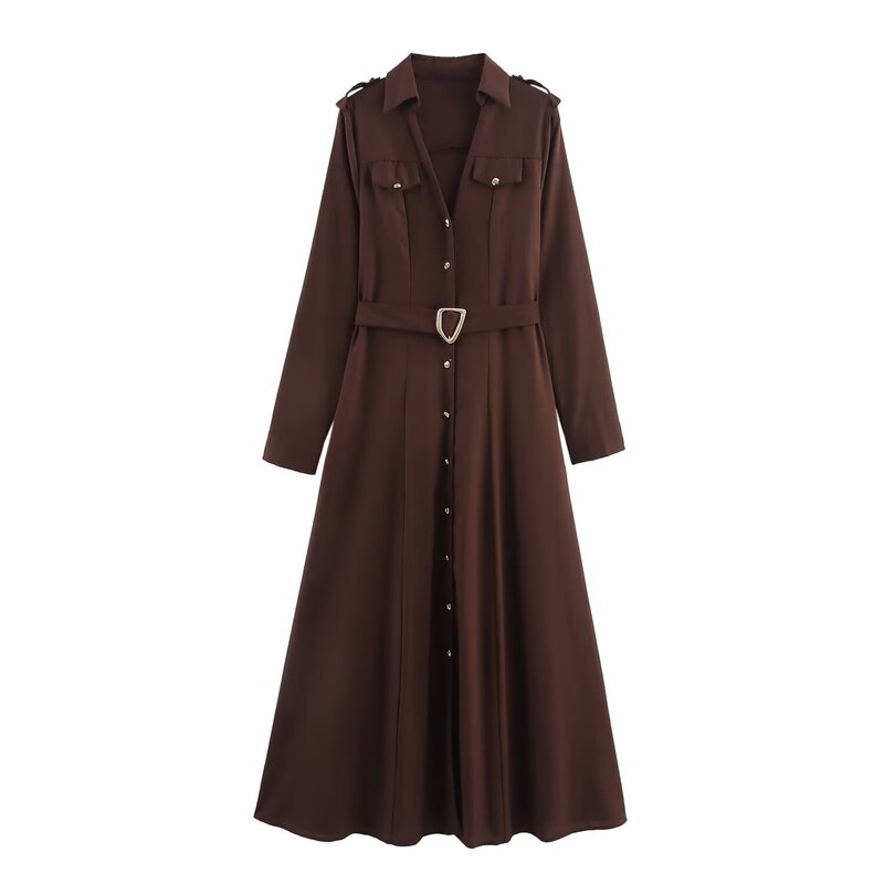 Pb&Za Women's Clothing 2025 Autumn New European and American Style Shirt-Style Dress with Belt and Button Decoration Long-Sleeve Dress