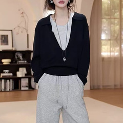 小众设计感撞色假两件长袖针织衫2025早秋新款简约显瘦打底衫上衣