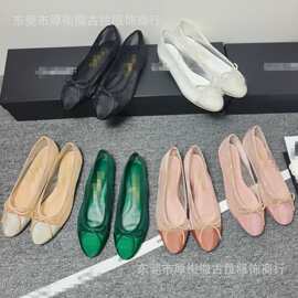 外贸原单大牌小香风法式网纱拼接平底鞋浅口蝴蝶结圆头气质女单鞋