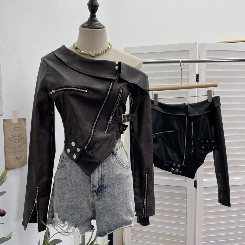 Real Shot of Short Slanted Shoulder Small Leather Jacket for Women Pu Leather Cool Asymmetrical Small Zipper Motorcycle Top 2786